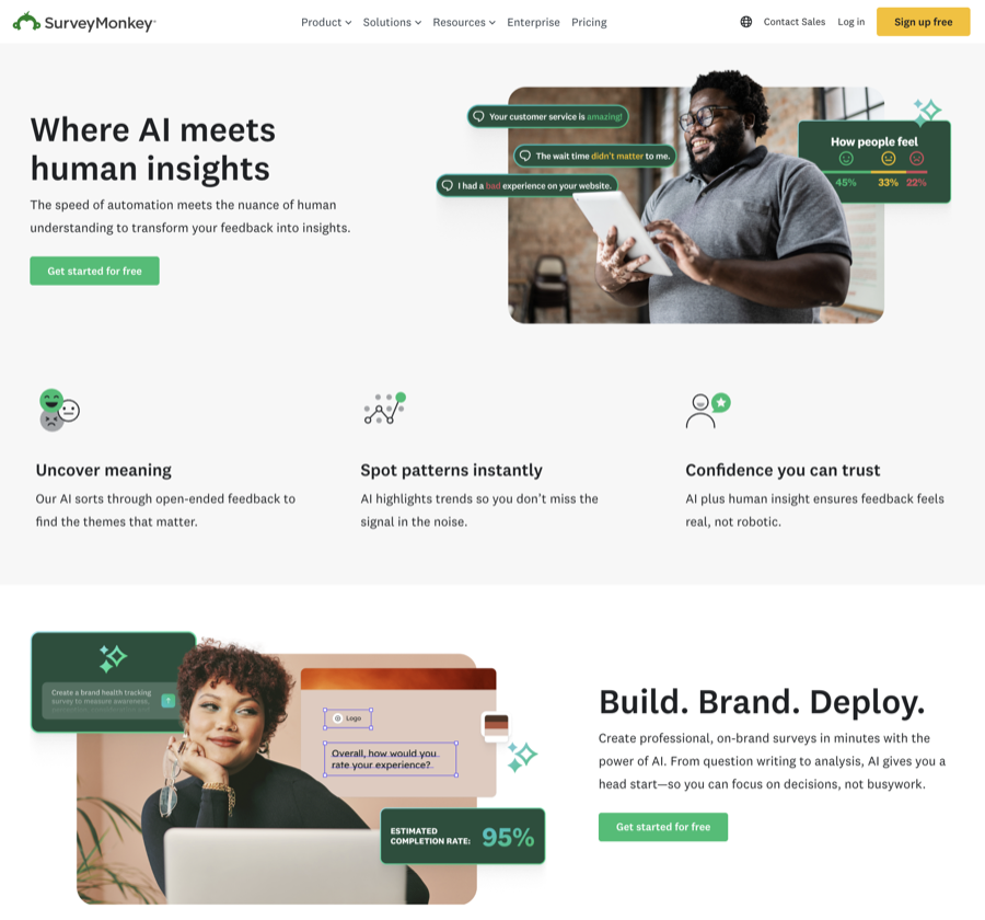 SurveyMonkey marketing page featuring AI survey creation